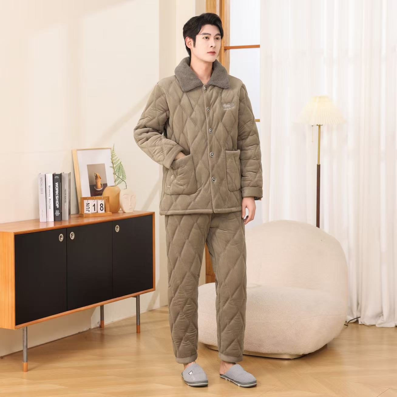 【冬季新款男士856保暖冬季可外穿三层夹棉睡衣】绅士风套装家居服