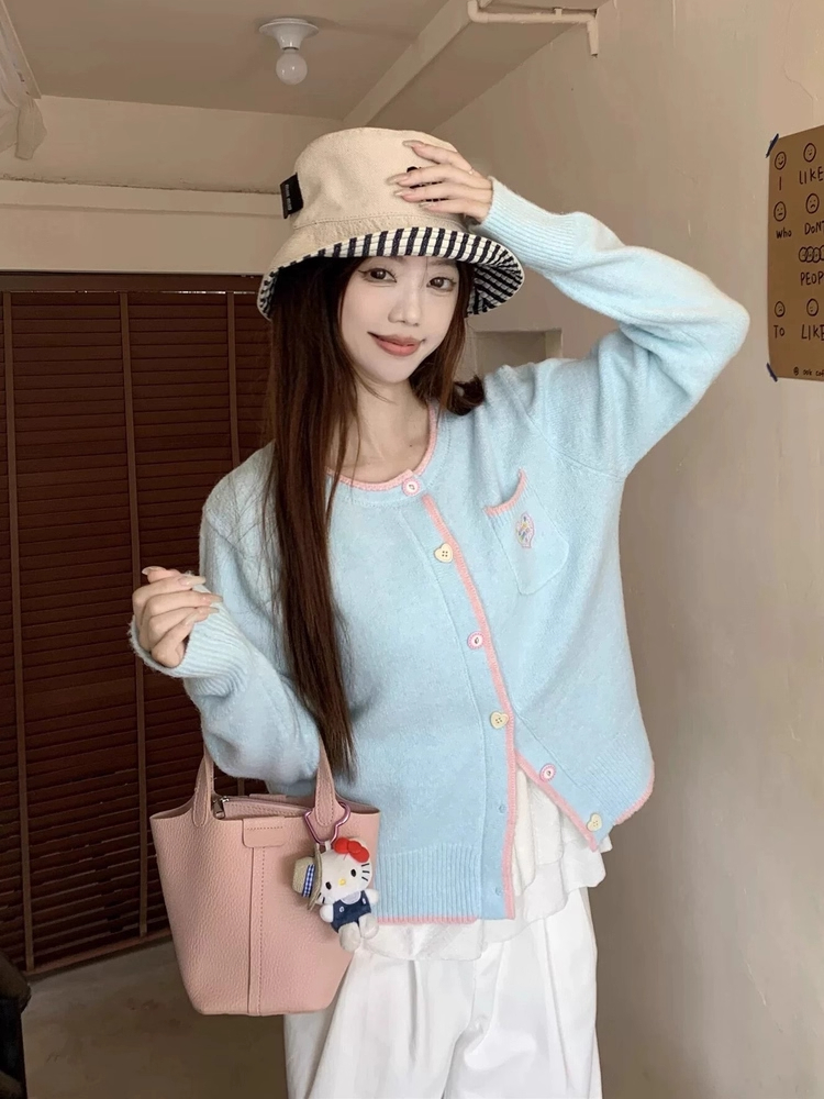 多巴胺爱心刺绣针织开衫女2025早秋甜美温柔风超好看软糯毛衣外套