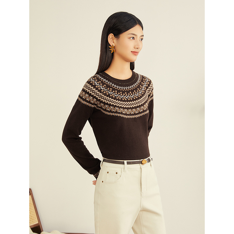 YINER音儿冬季新款复古费尔岛提花亮丝羊毛混纺针织衫8C65506206