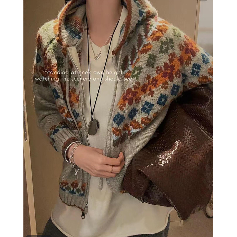 2025秋冬费尔岛拉链连帽针织开衫宽松慵懒风时尚显瘦上衣设计感