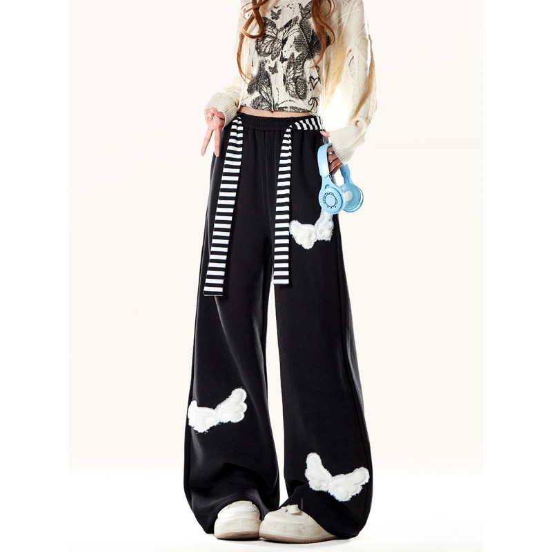 美式复古天使翅膀黑色休闲裤女冬季新款设计感小众宽松垂感直筒裤