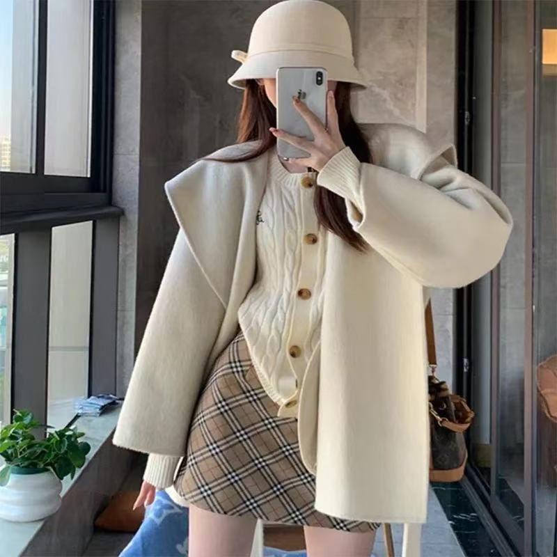 韩系浴袍式连帽中长款2025秋冬新款显瘦双面羊毛大衣小个子外套女