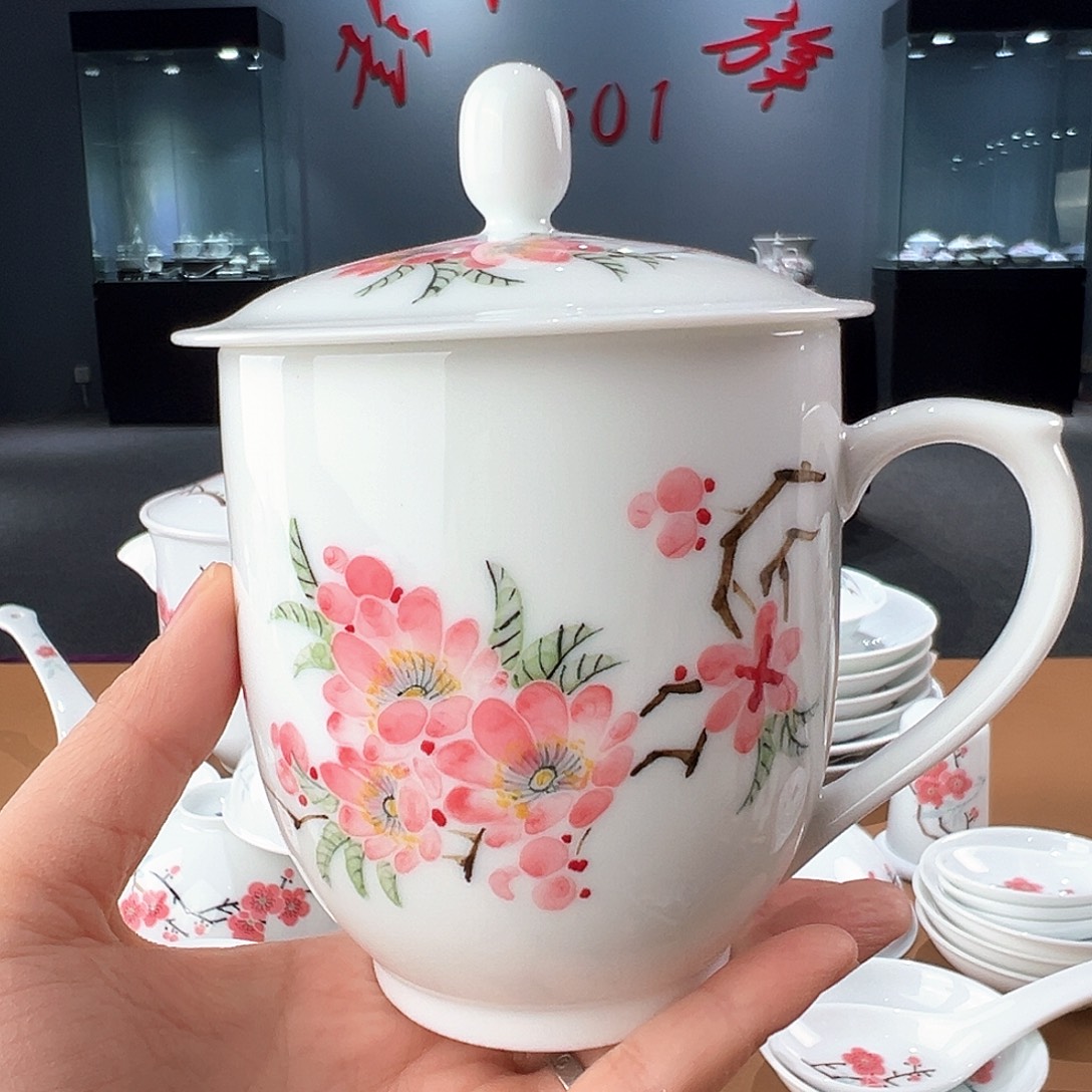 瓷釉下水点桃花2号办公杯，微瑕