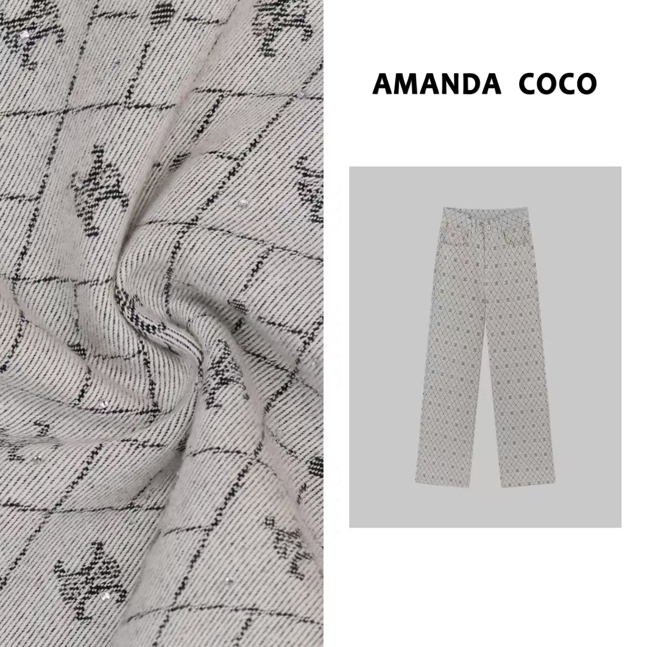 KEY# 丹宁印象～2025春夏高定烫钻经典提花高腰直筒牛仔裤