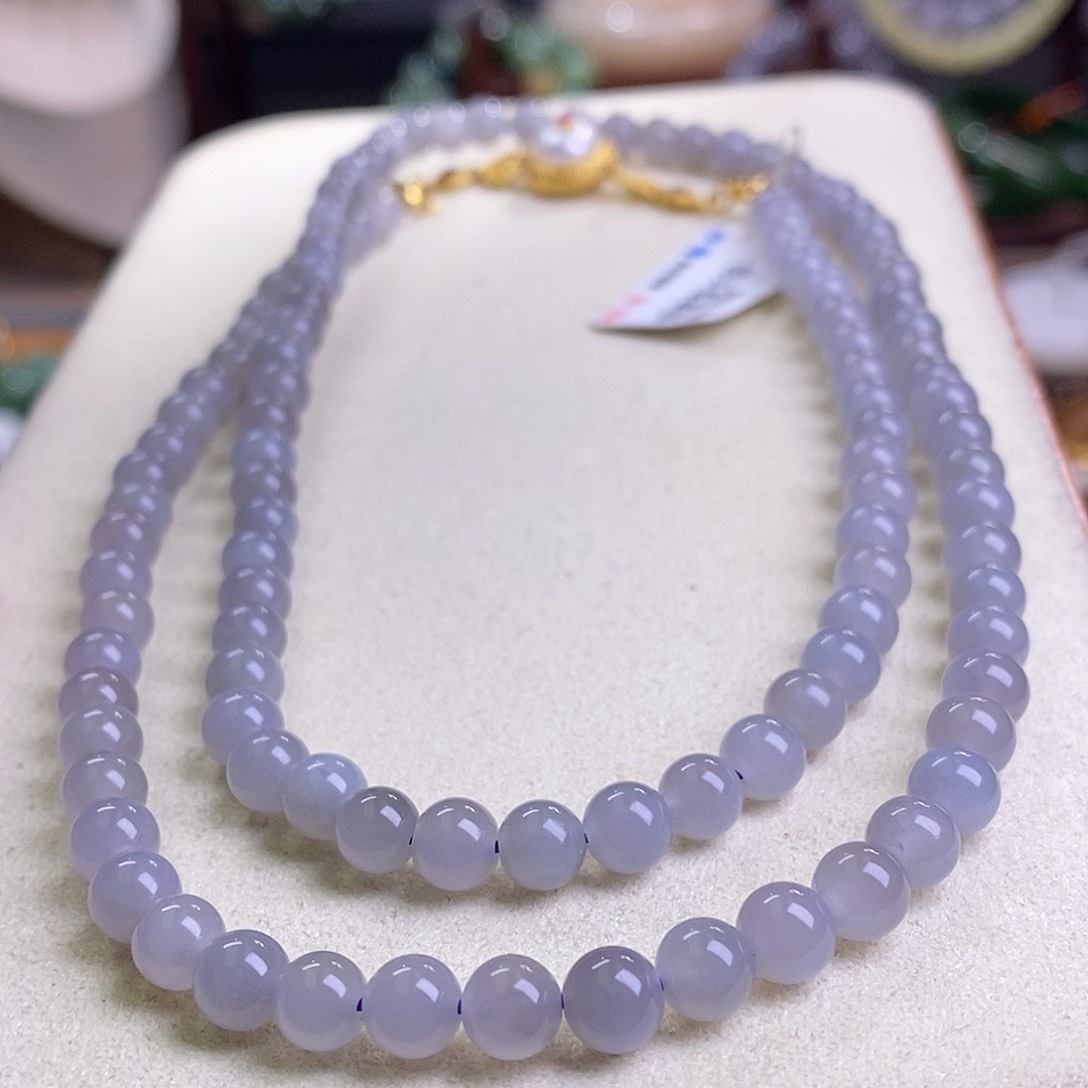 和田玉烟紫银镶项链6MM未镶嵌