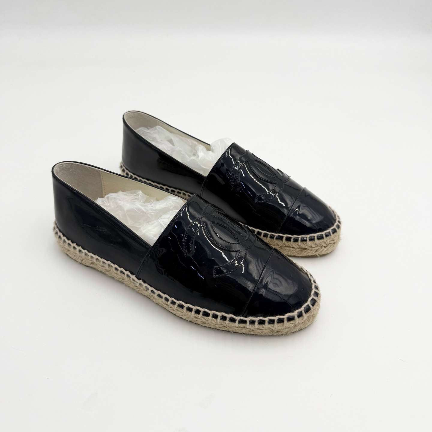 未使用 Chanel/香奈儿 36码/黑色漆皮亮面渔夫鞋/pp1028