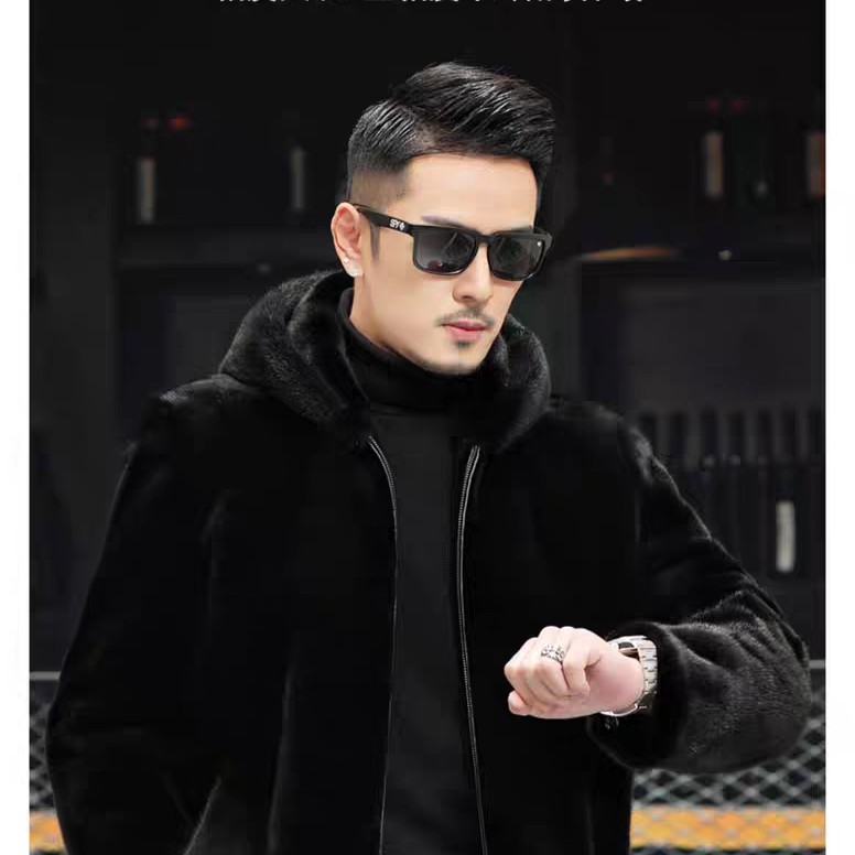 【连帽+赠皮带】海宁貂皮外套男连帽水貂绒大衣皮草貂绒短款冬季