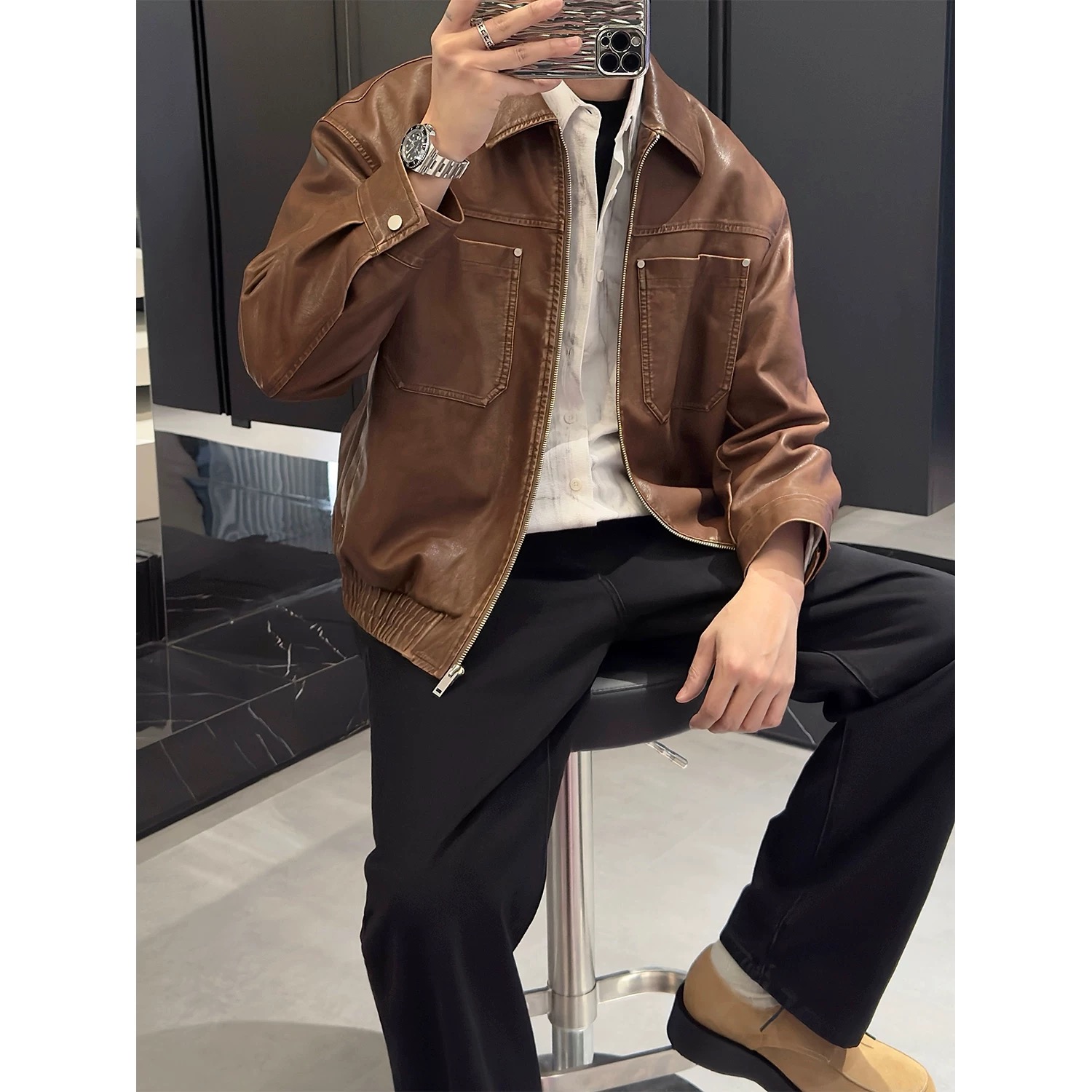 春季新款男士复古做旧PU皮休闲皮衣夹克外套时尚潮男外套140061