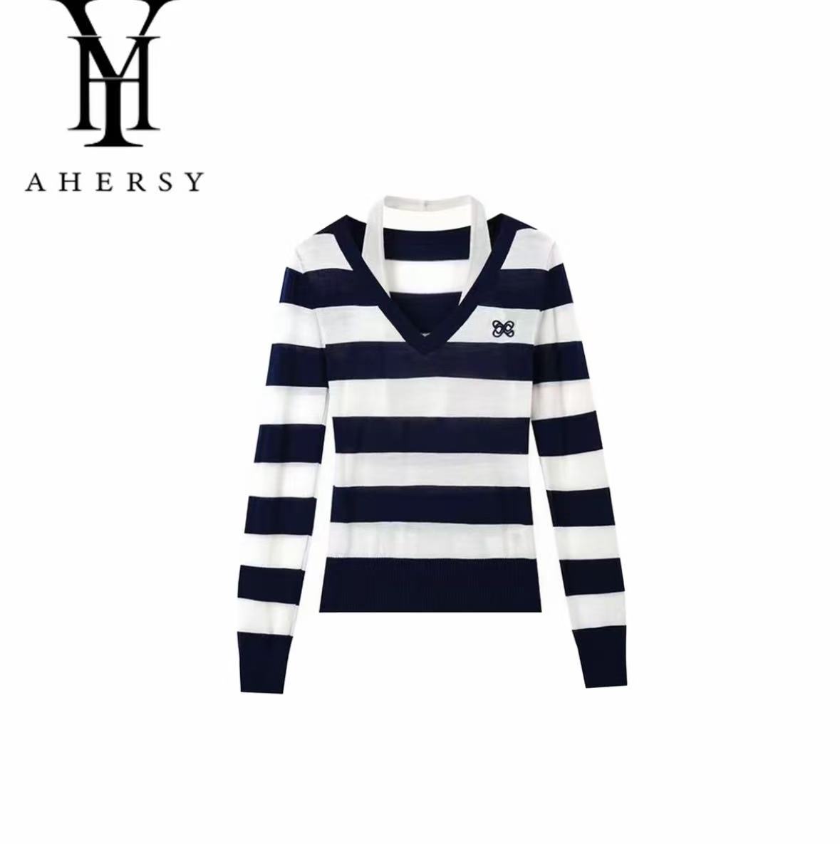 拼接条纹C41长袖套头款常规毛针织衫上衣翻领撞色开衫B288