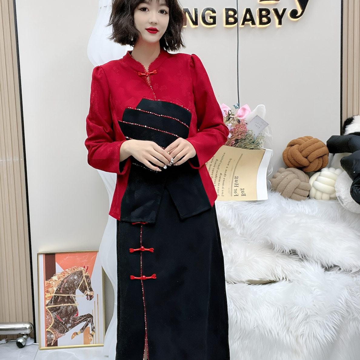 大码(中国风)复古立领重工盘扣收腰中式显瘦通勤套装女冬季新款