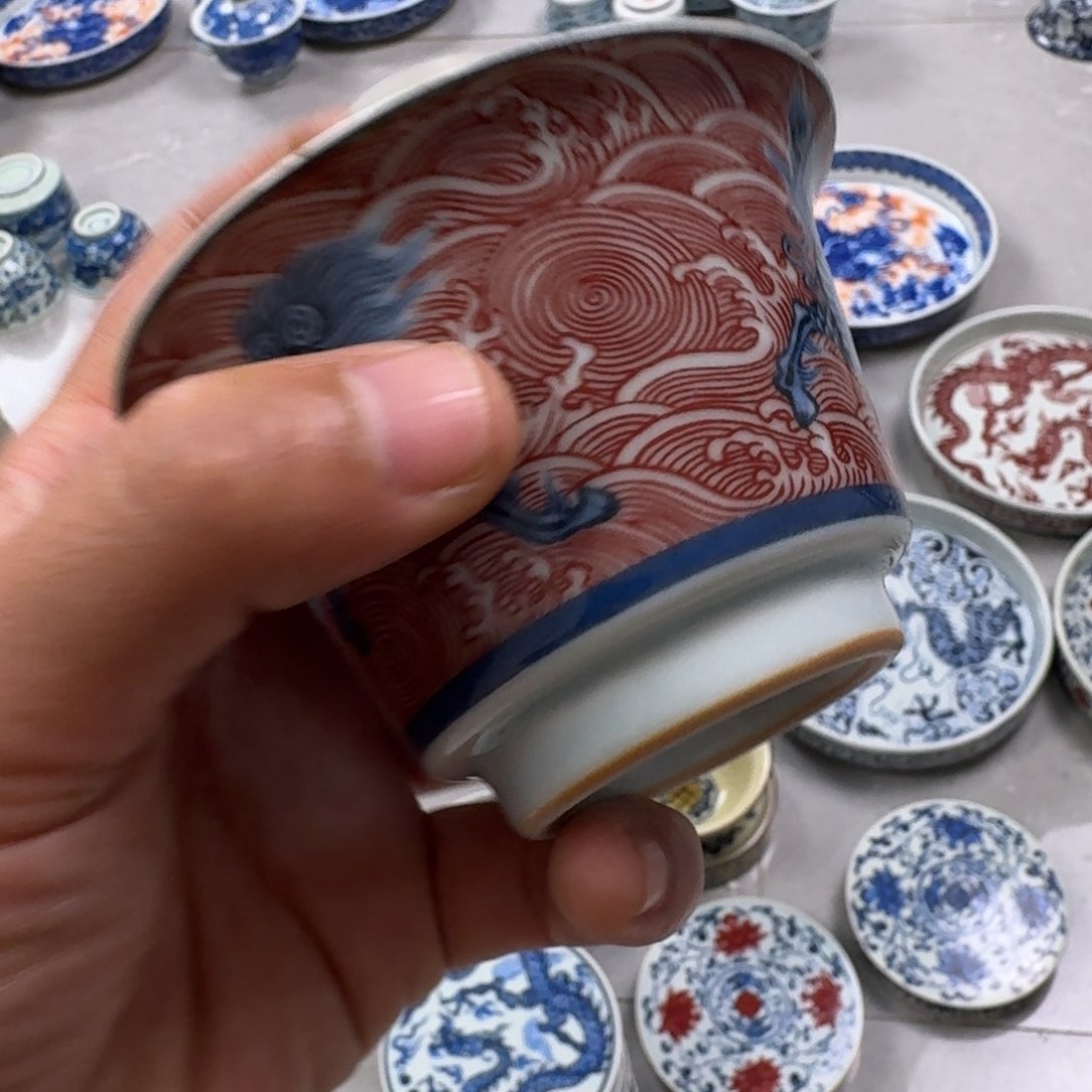 摆件麒麟踏浪两才盖碗微瑕
