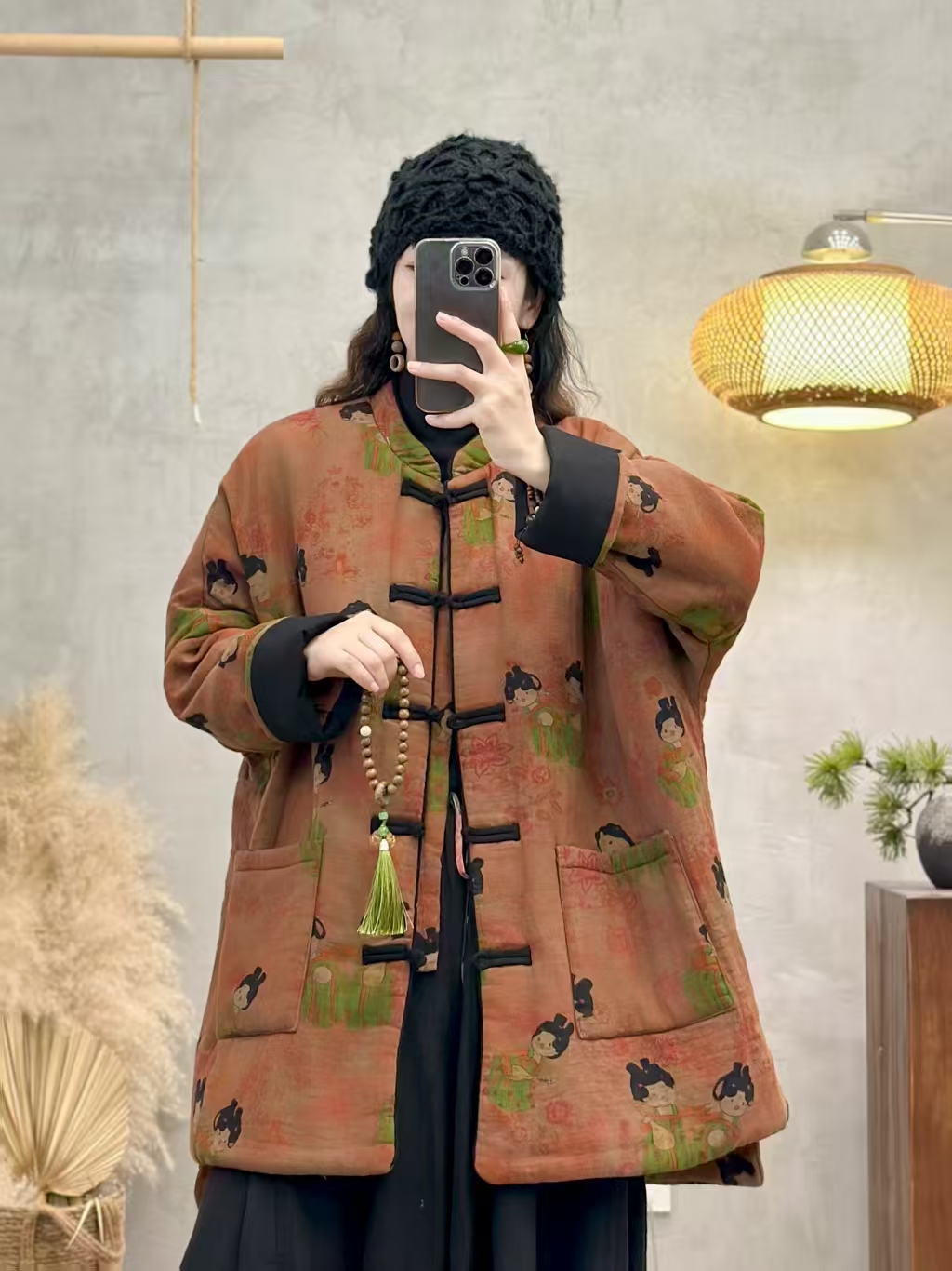 复古印花斜纹棉遮肉显瘦厚款立领棉服女中长款休闲棉衣长袖百搭