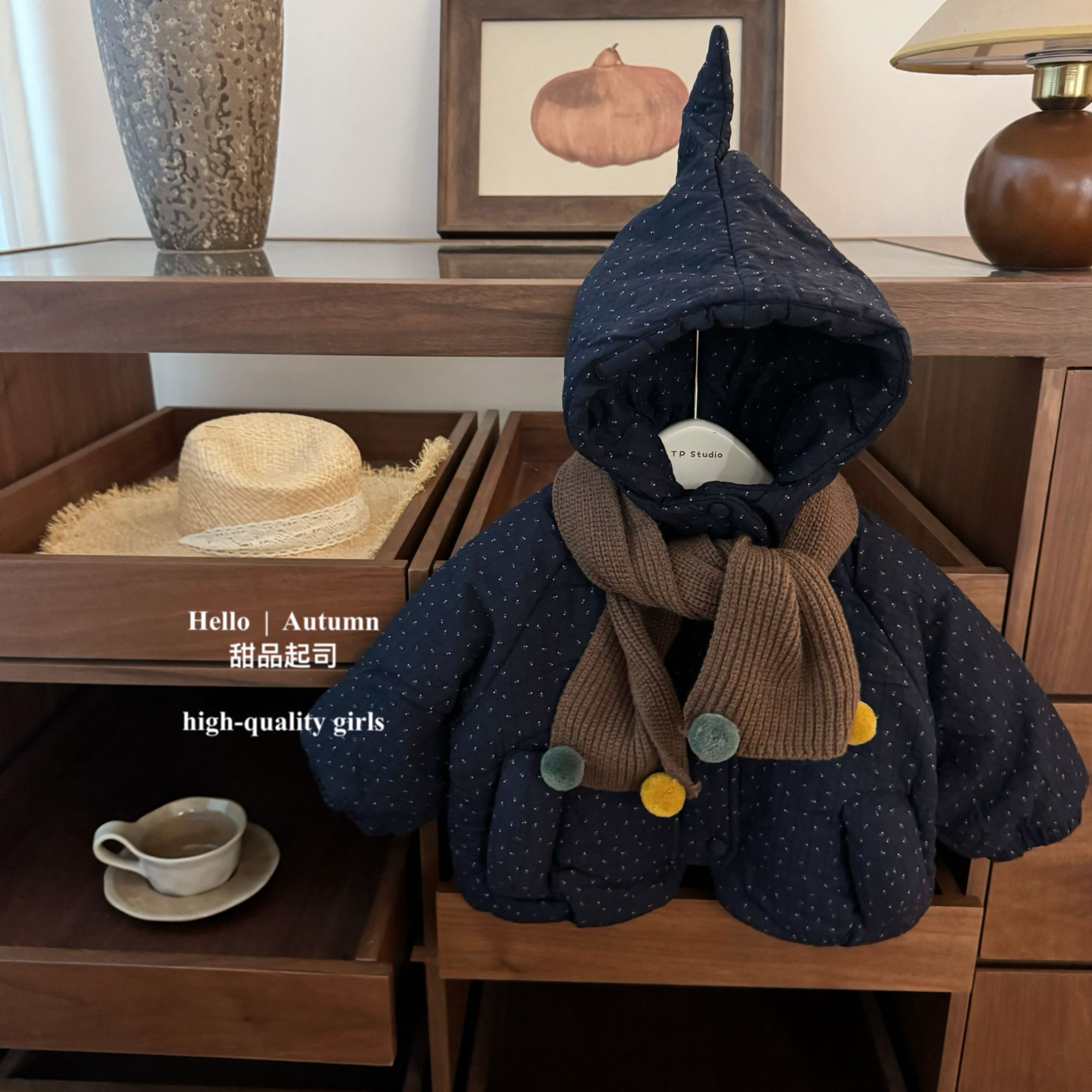 【甜品起司】蓝精灵！原创女宝宝中长款尖尖帽波点加厚棉服外套潮