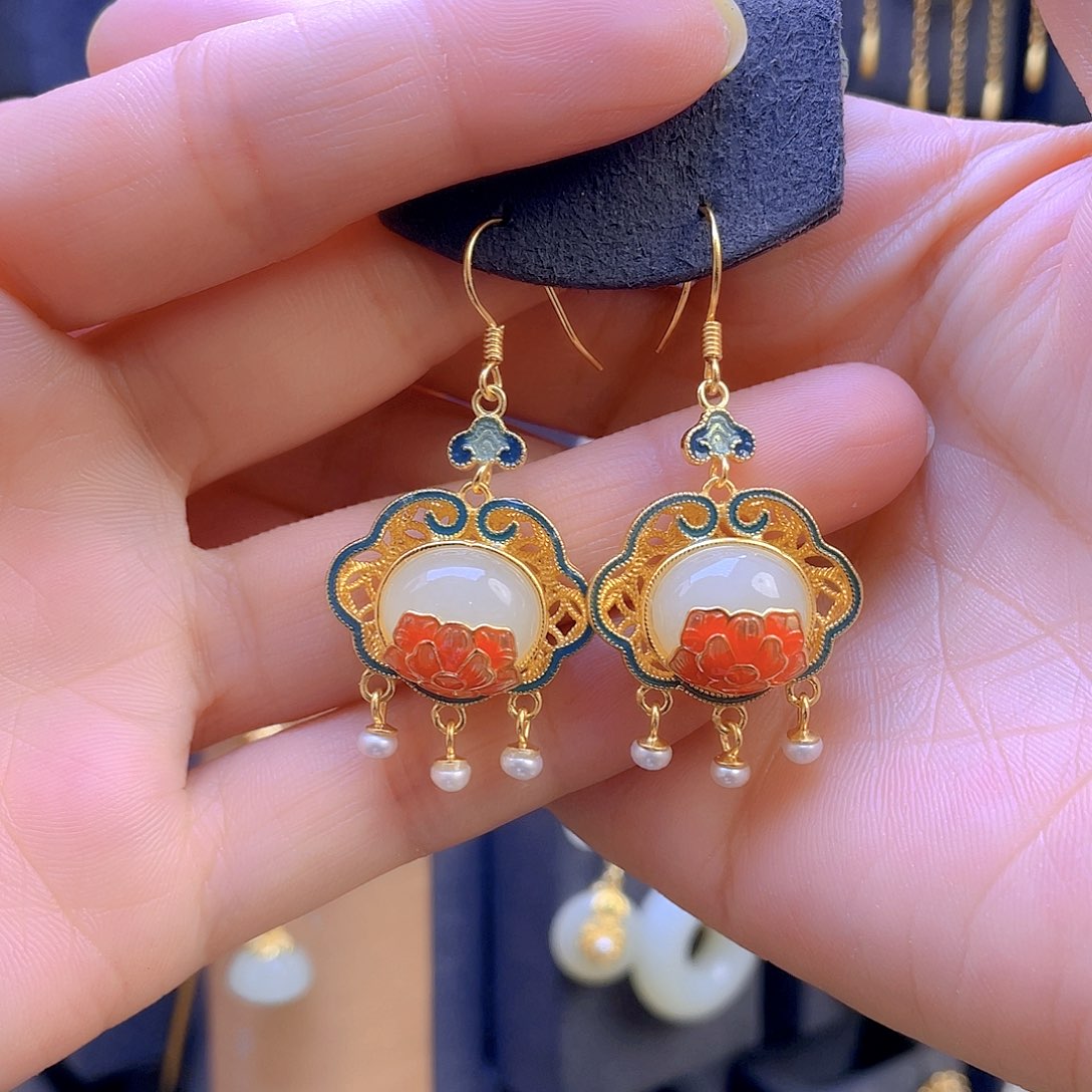 和田玉耳饰银S925镀金镶嵌