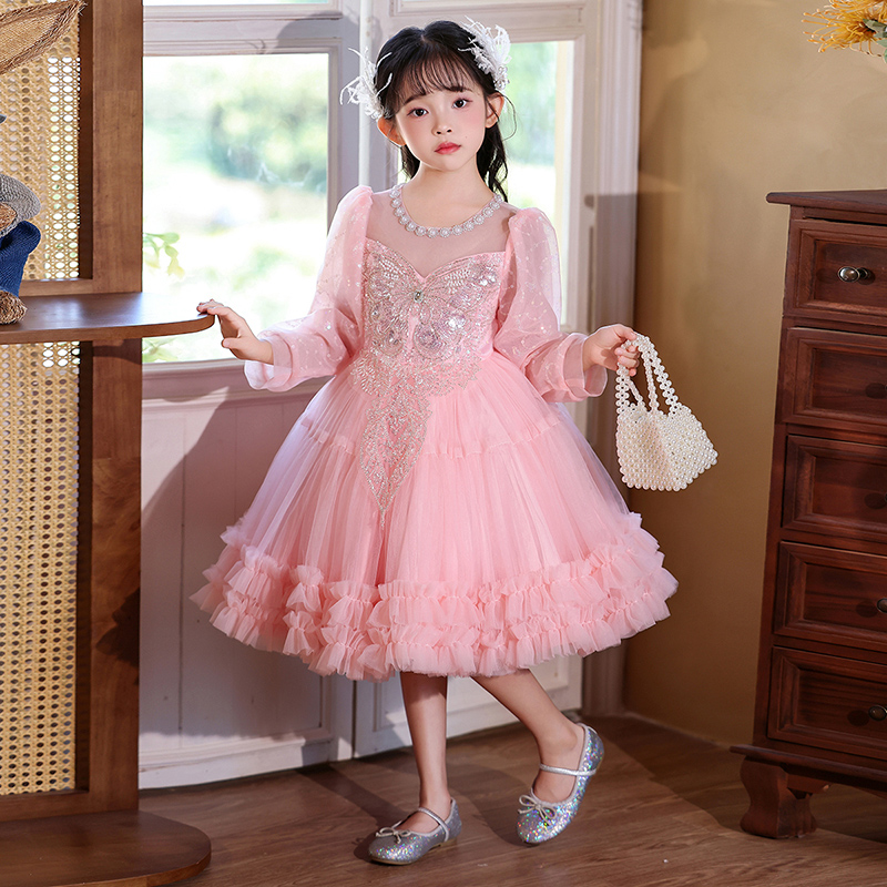 女童春秋新款连衣裙小女孩洋气超仙公主裙中大童演出礼服蓬蓬纱裙