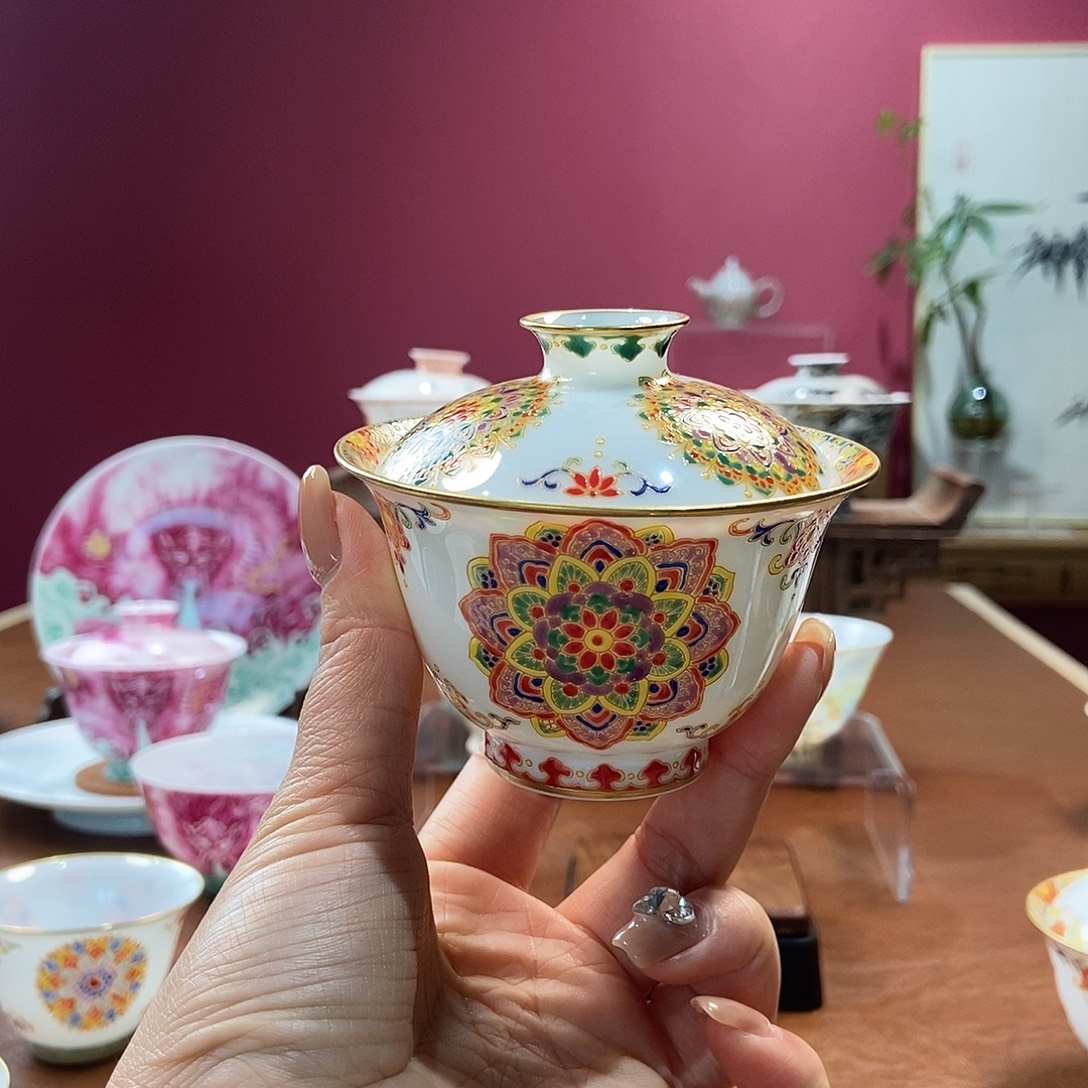 山月闲微瑕超薄胎脱胎瓷高温手工珐琅彩盖碗