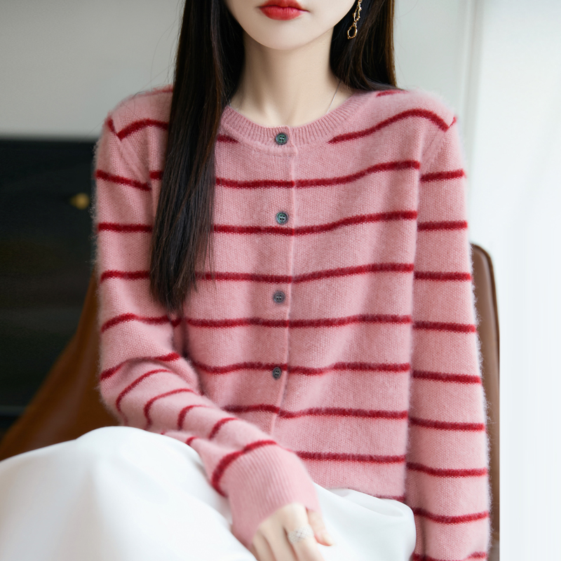 2025年新款菠萝针100羊毛圆领条纹开衫女毛衣显瘦百搭