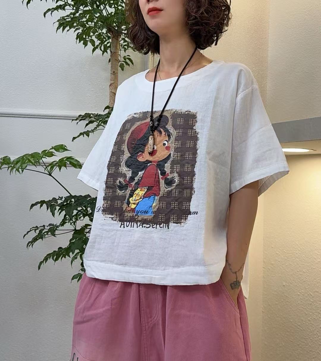 青禾-夏季新款休闲百搭女孩印花纯棉双层纱圆领短袖MM