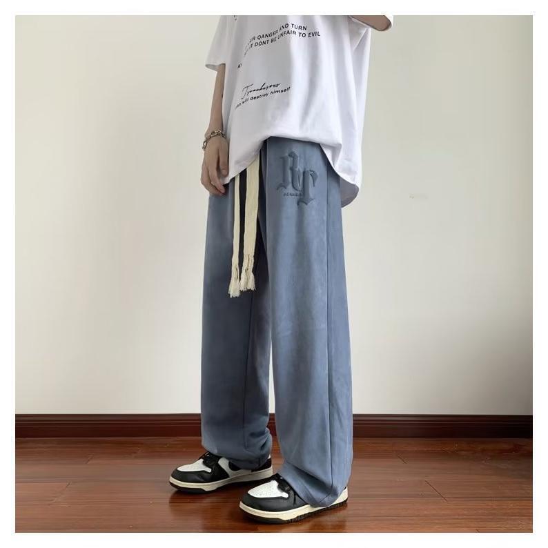 K137-BY夏季薄款麂皮绒休闲裤子男宽松直筒阔腿裤潮流百搭长裤