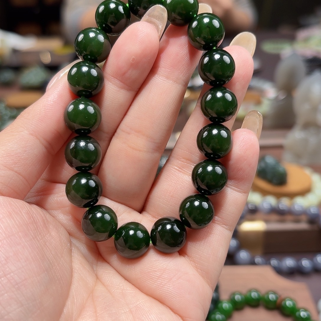和田玉（碧玉）未镶嵌手链12 菠菜绿 俄 