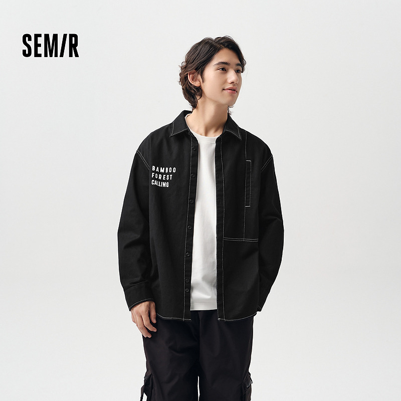 森马长袖衬衫男山系户外轻工装外套春季宽松翻领上衣印花时尚潮流