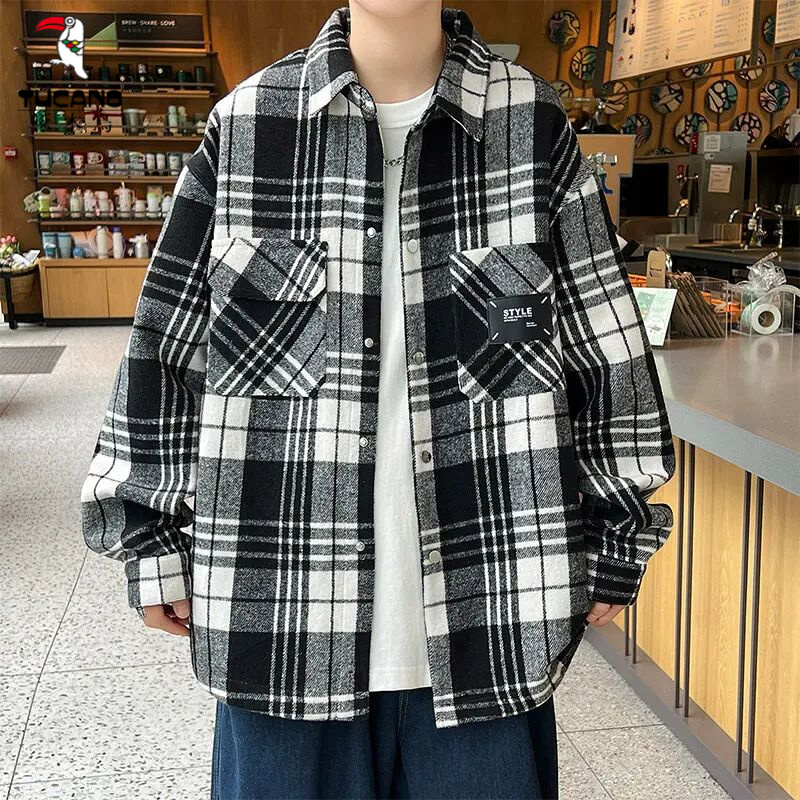 啄木鸟港风格子衬衫男春秋款休闲宽松长袖衬衣男潮牌新款翻领外套