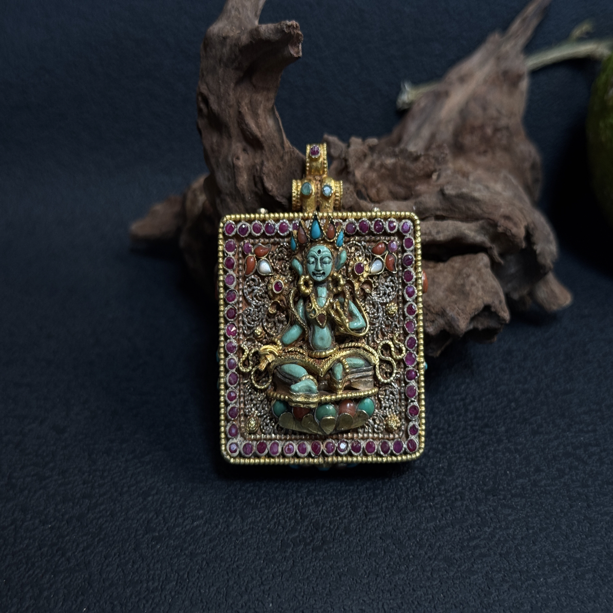 纯手工制作绘制小唐卡绿度文殊观观嘎乌925银鎏金盒子吊坠花丝