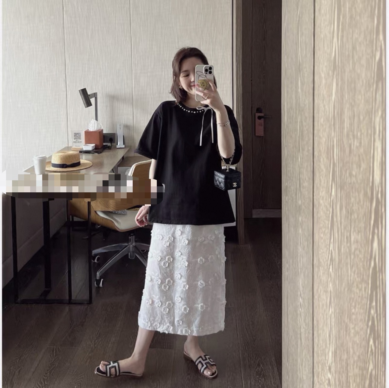 【李姑娘专属】66152韩版简约蝴蝶结珍珠领短袖