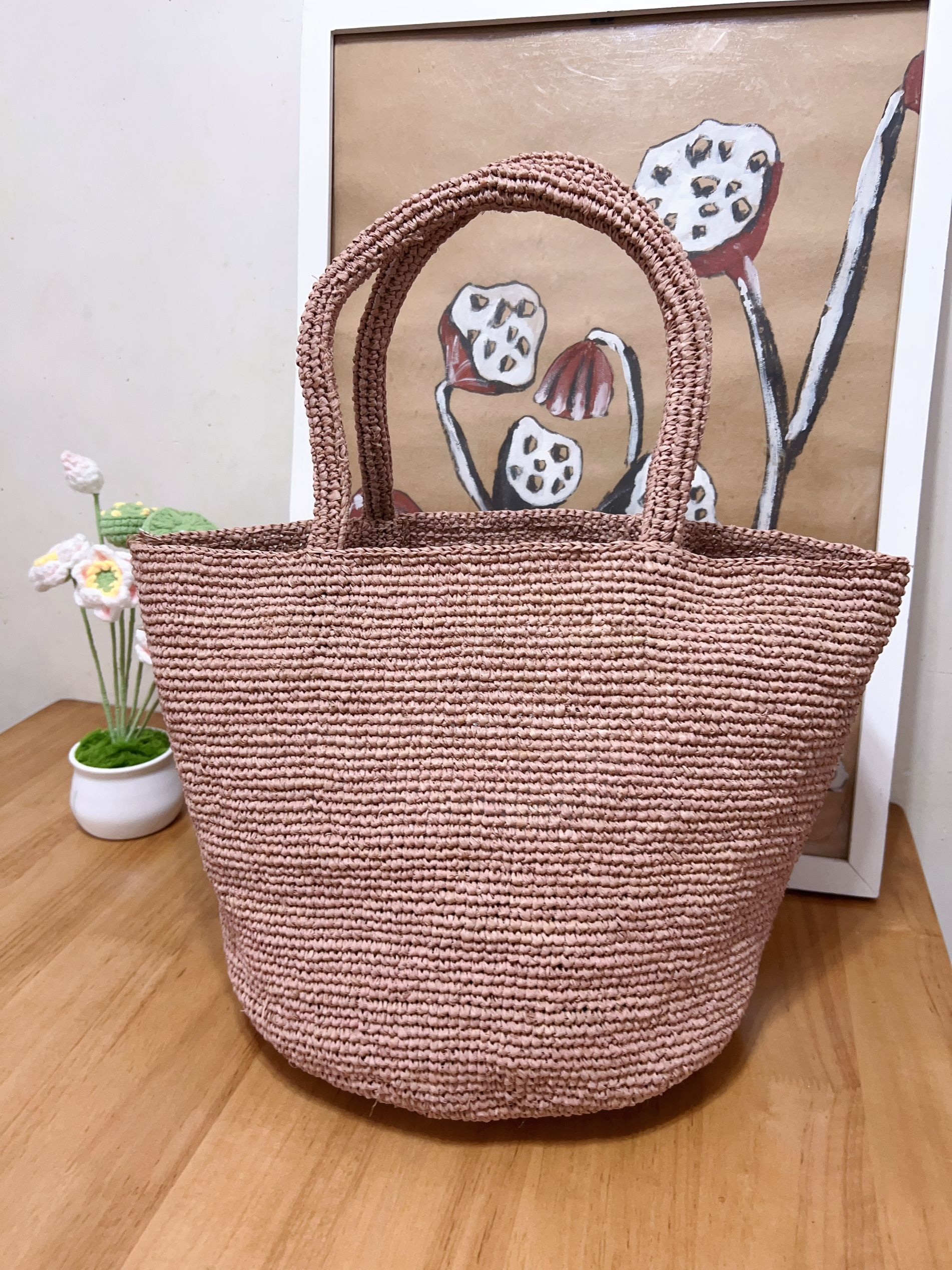 拉菲草水桶包草编包手工钩针包编织包沙滩包日式简约风外贸原单