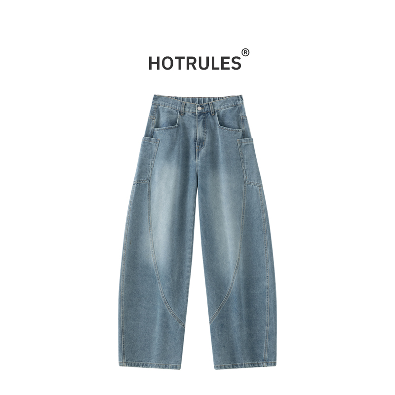 HOTRULES潮牌重磅多口袋弯刀牛仔裤男女做旧水洗阔腿工装裤子
