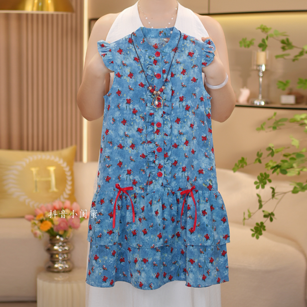 【闺蜜家】女童2025夏季新款蓝底红花飞袖背心碎花公主连衣裙-8513