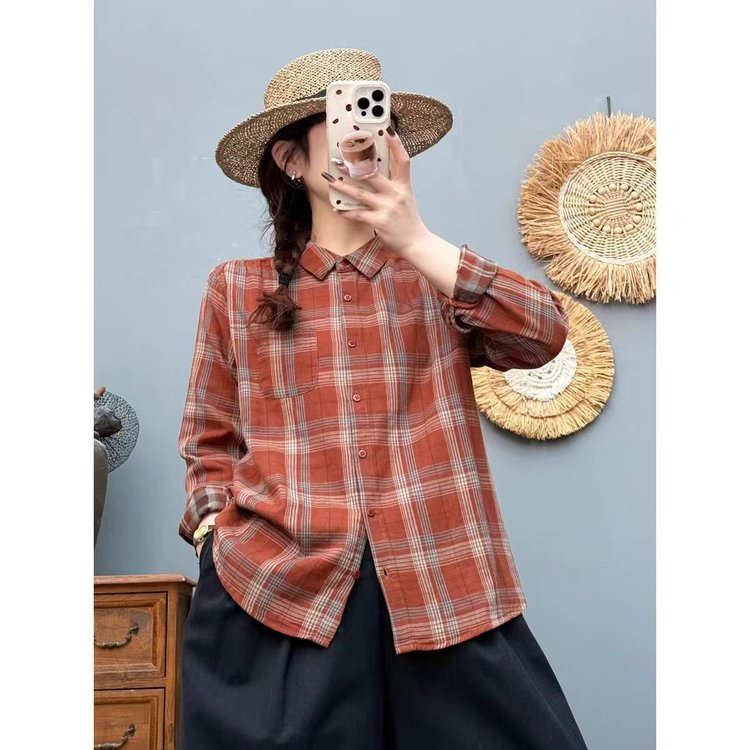 春秋薄款复古格子长袖衬衫女宽松显瘦纯棉上衣方领休闲时尚衬衣女