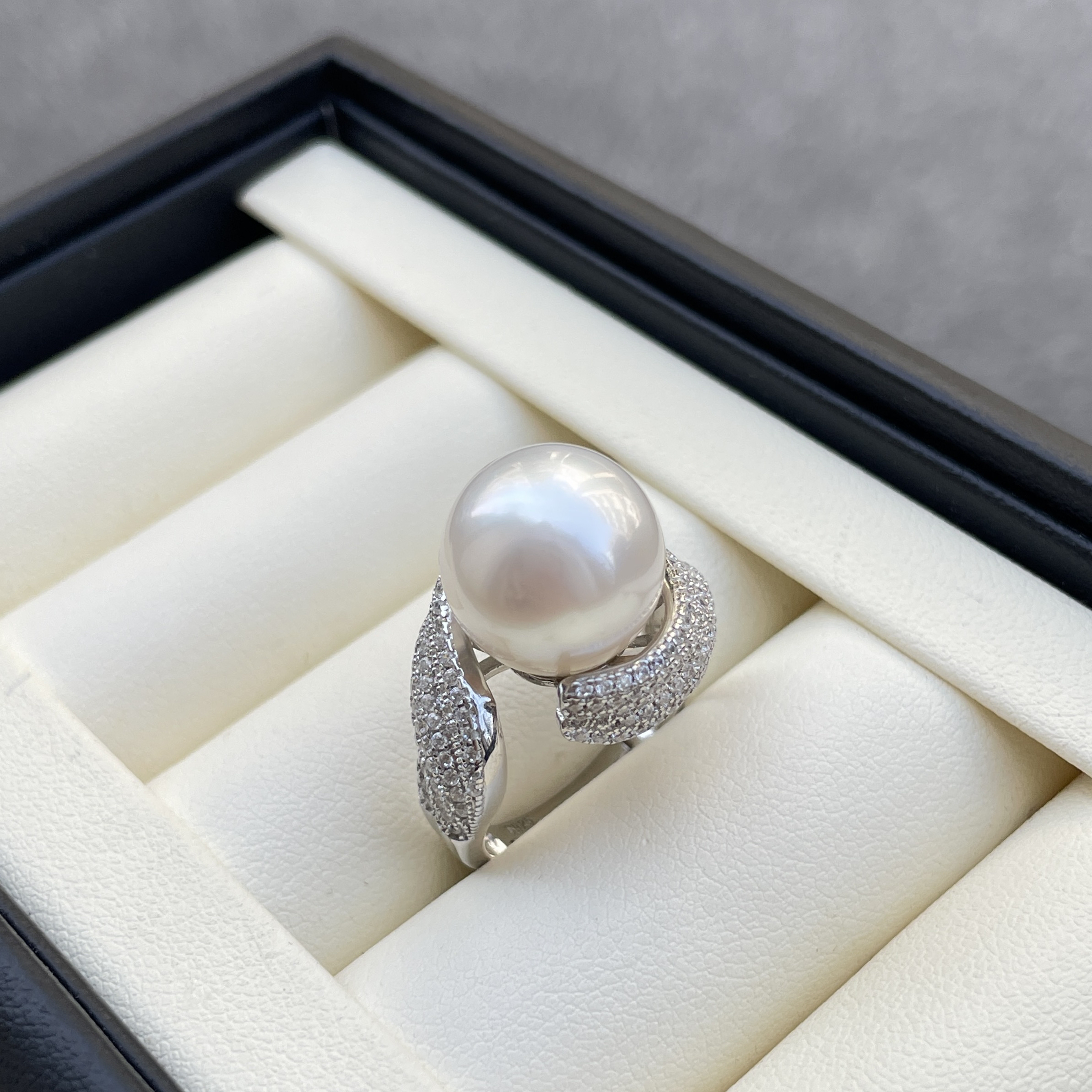 澳白12-13mm海水珍珠戒指极光几乎无瑕s925厚银镶大气高级轻奢