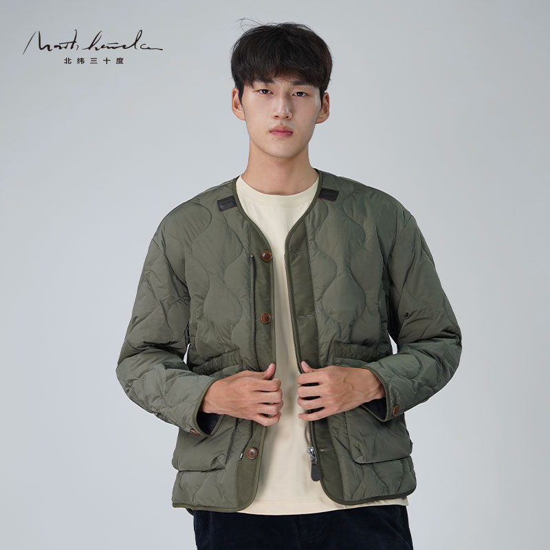 北纬三十度无领菱格羽绒服外套男士2025秋冬户外休闲保暖羽绒服