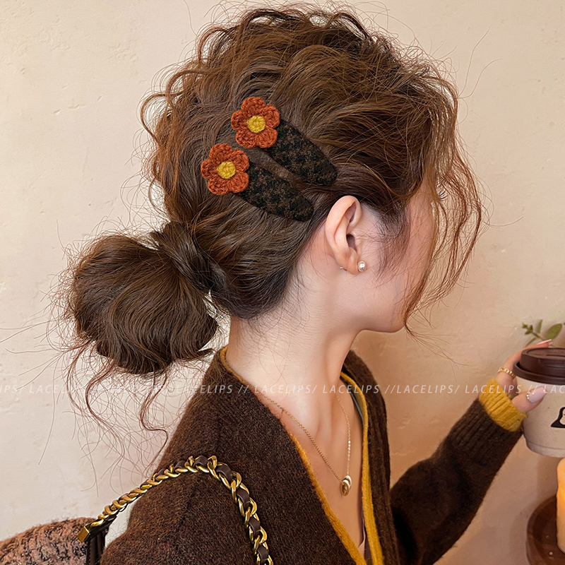 毛呢格纹针织花朵发夹女2025新款前额碎发刘海夹子侧边夹秋冬发饰