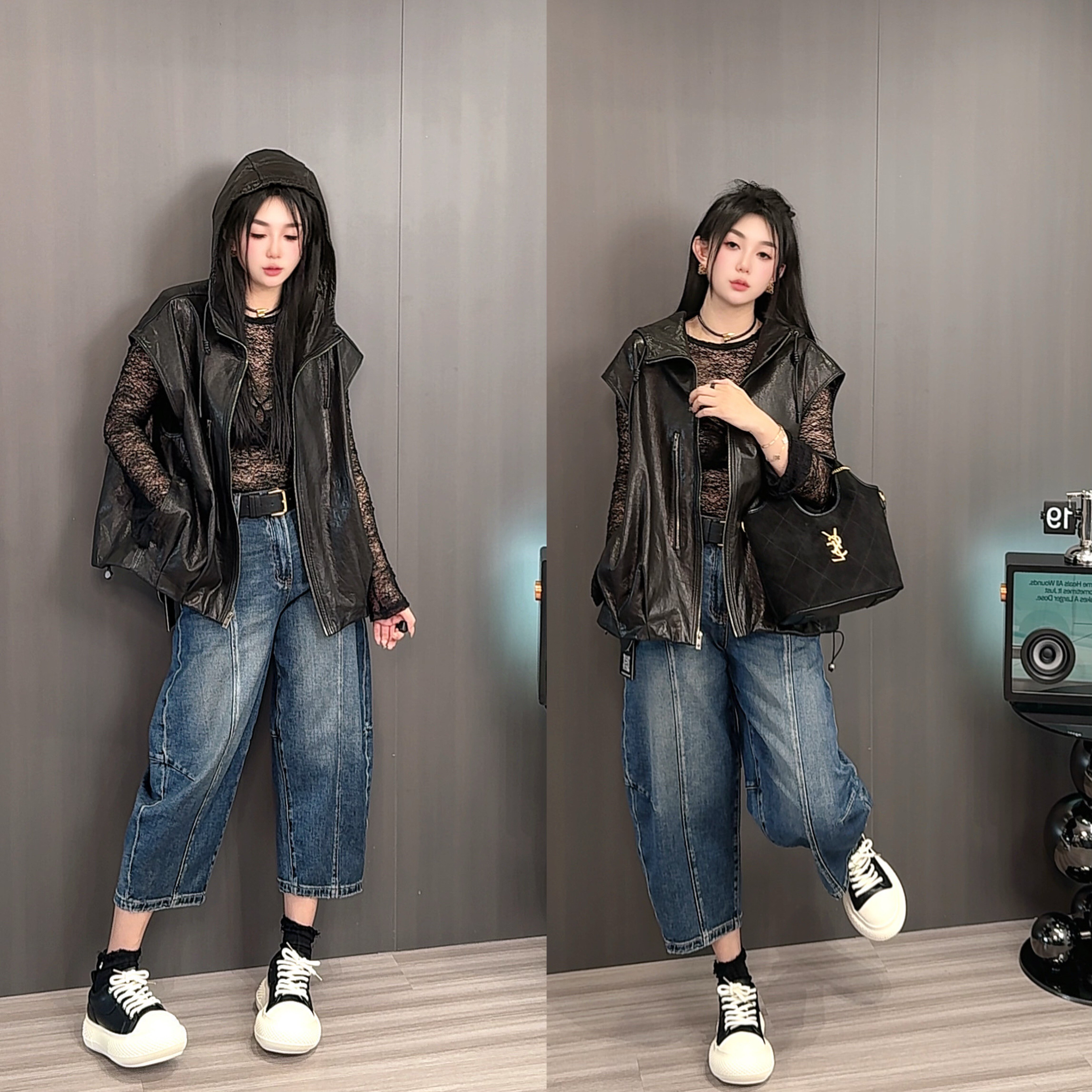 【现货】皮马甲女2024秋季新款欧洲站纯色绵羊皮外套抽绳连帽上衣