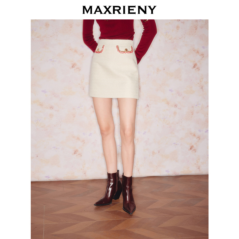 【商场同款】MAXRIENY千金小香风穿搭直身半裙羊毛混纺花纱短裙冬