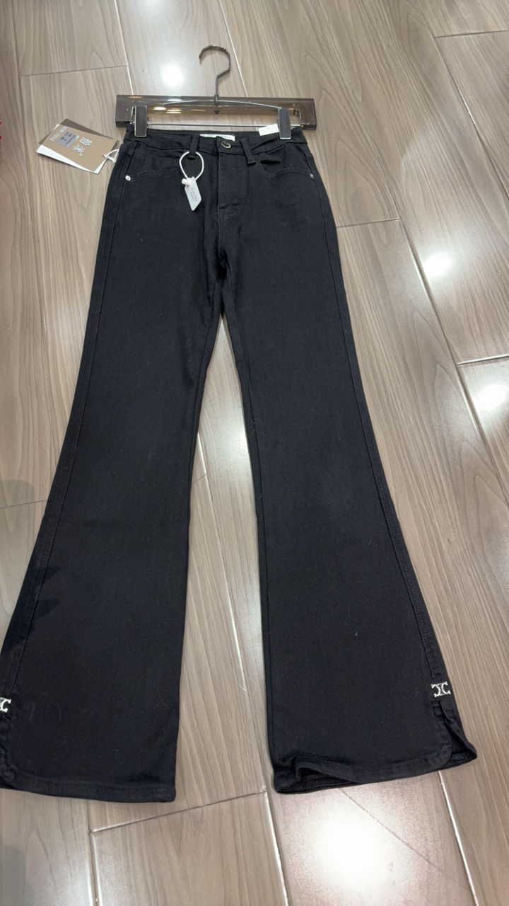 时尚高腰微喇牛仔裤女修身显瘦开叉喇叭裤百搭裤脚带标