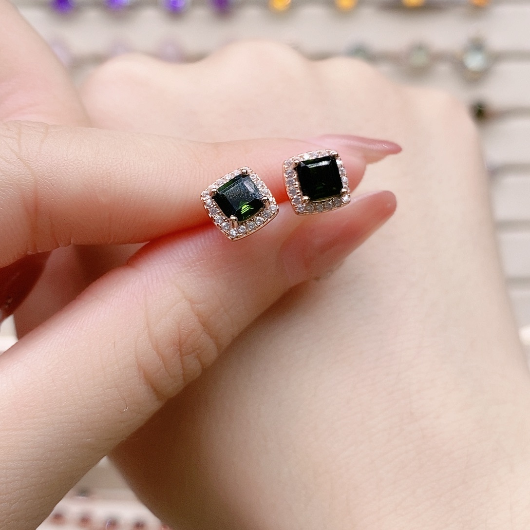 耳钉碧玺银S925镶嵌耳钉