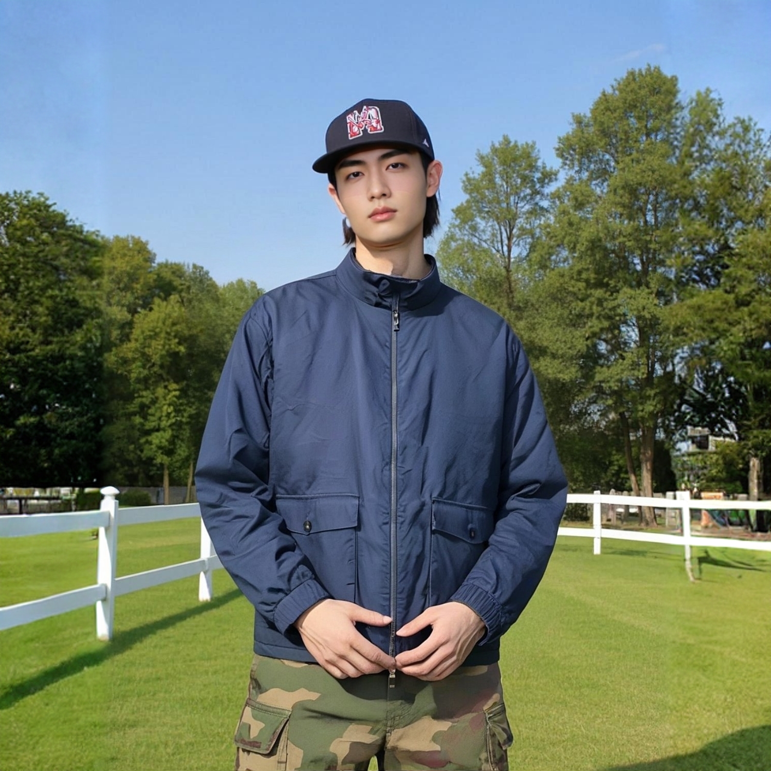 蓝色立领简洁款短款棉服夹克外套