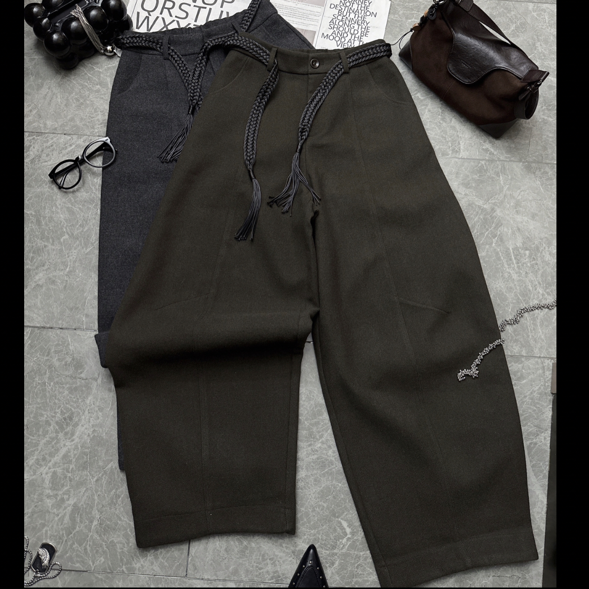 「超高质感毛呢弯刀裤」欧货时尚洋气高品质毛呢弯刀裤配编织腰带