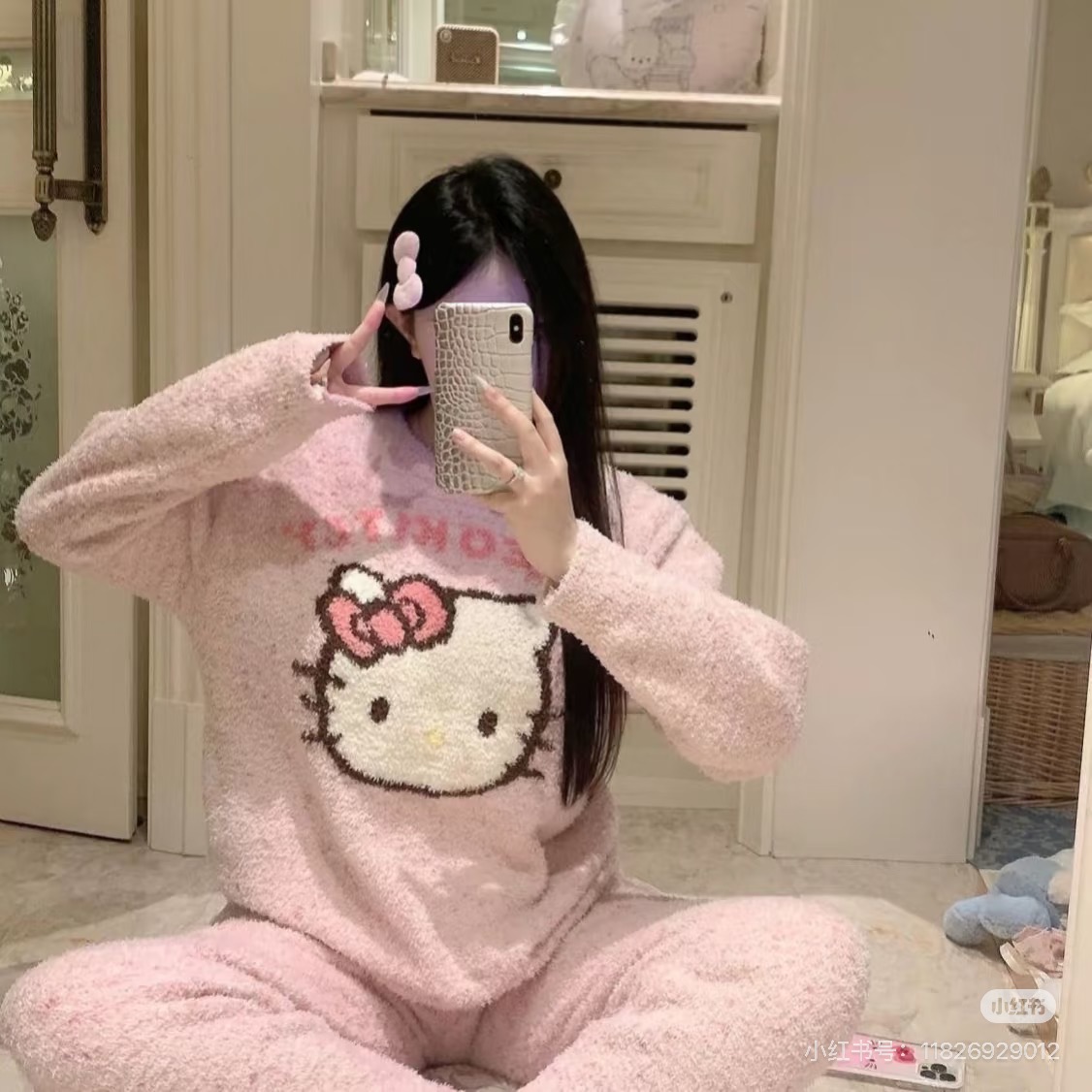 甜美kitty卡通半边绒睡衣女冬季加绒加厚保暖外穿宽松少女家居服