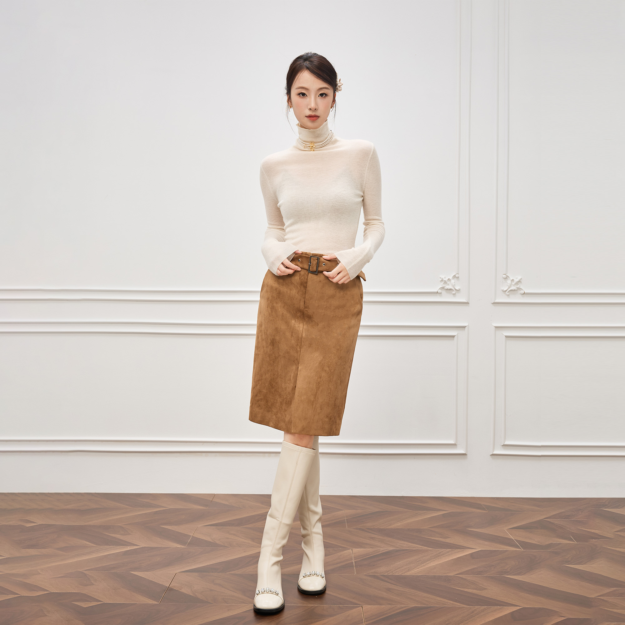 YURIII''早秋暖棕''2025新款复古秋冬麂皮哑光金属腰带修身半裙
