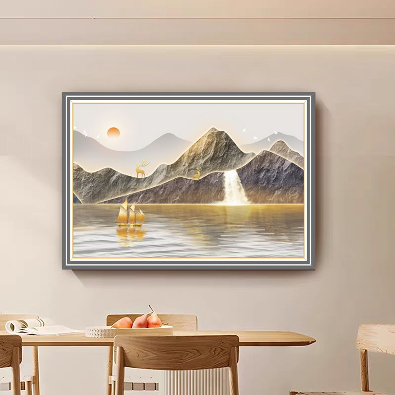 旭日东升简约大气客厅沙发背景墙装饰画中式山水玻璃画