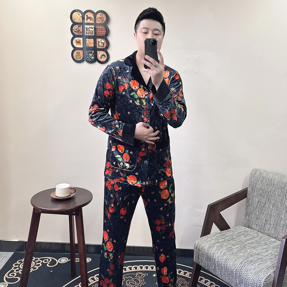 男士常规柿柿如意印花睡衣可外穿家居服大码套装中式长袖秋季新款