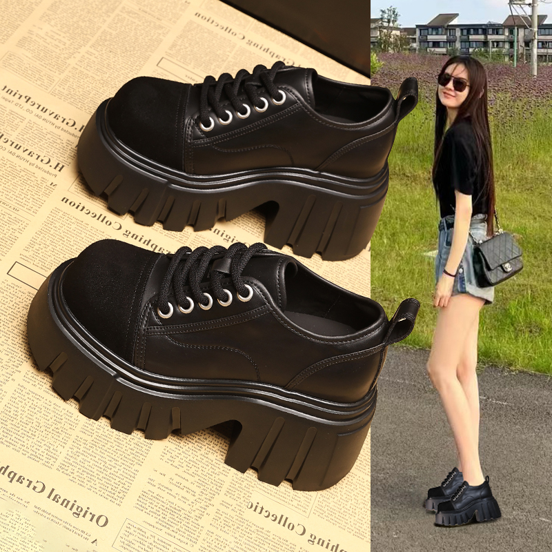 HS0017-56厚底内增高单鞋女2025秋季新款9cm小皮鞋松糕软底乐福鞋