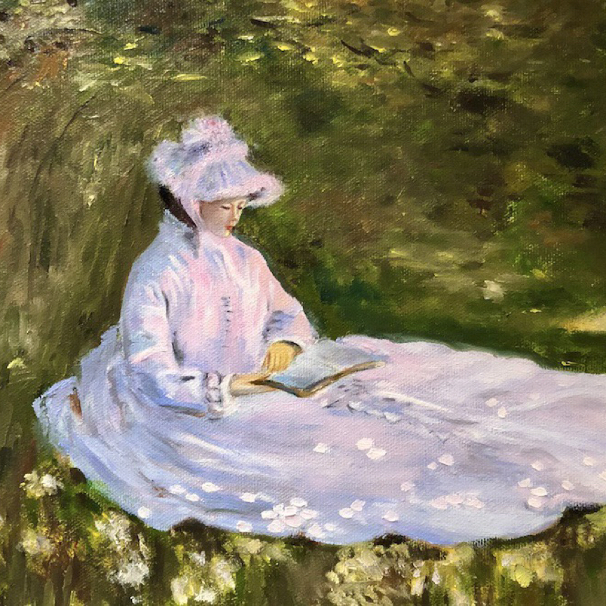 莫奈油画春天读书的女子手绘油画装饰画