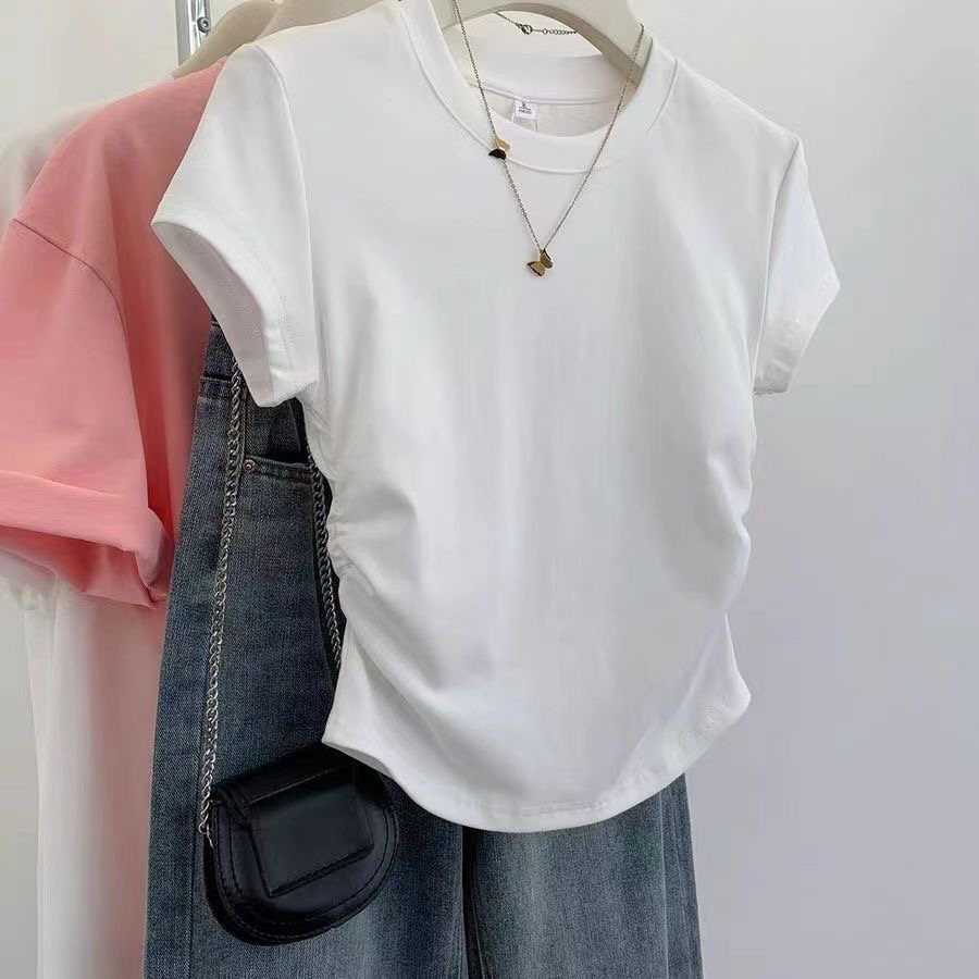 收腰正肩短袖t恤女夏季ins2025新款设计感不规则小众修身体恤上衣