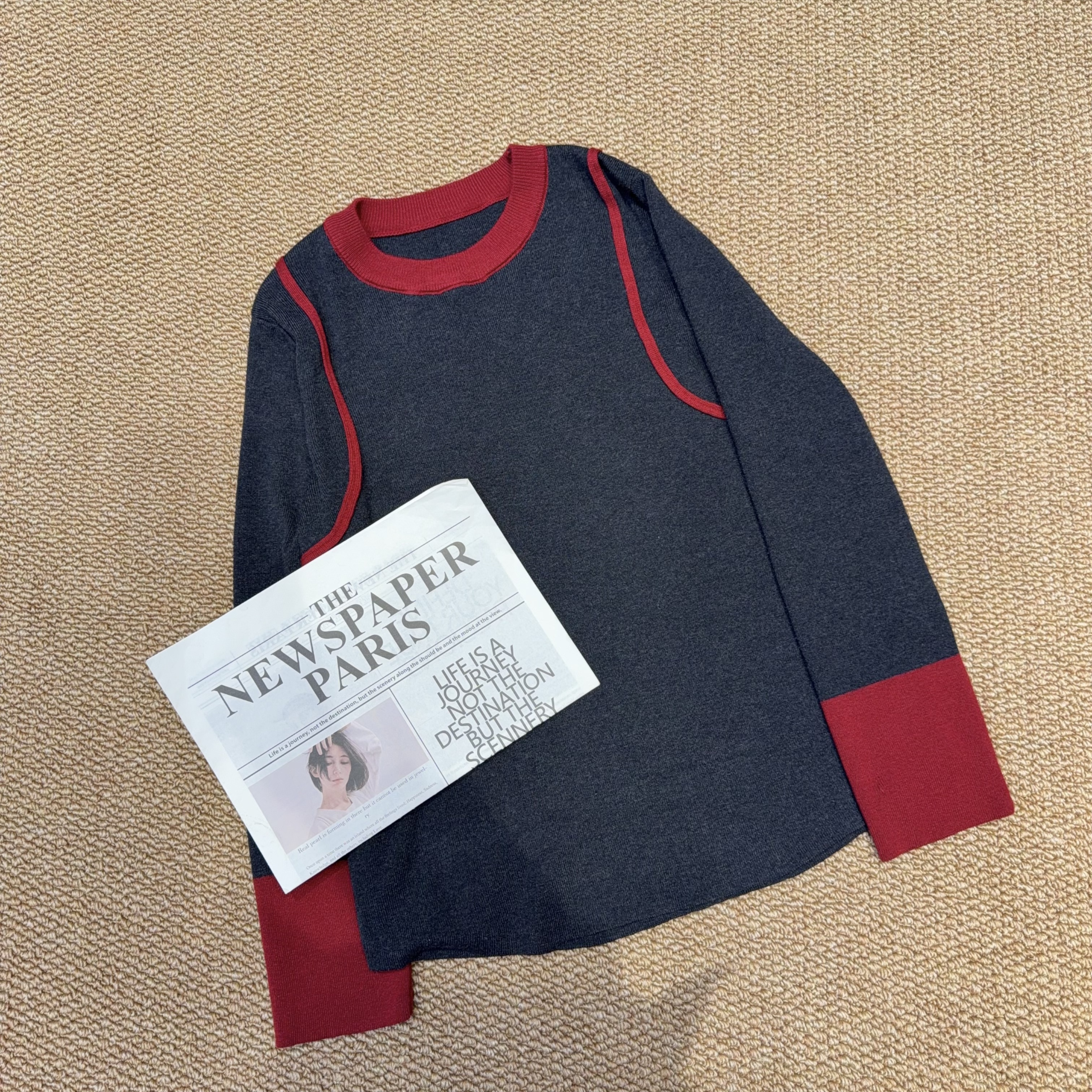 （十八家）971新款撞色圆领针织上衣