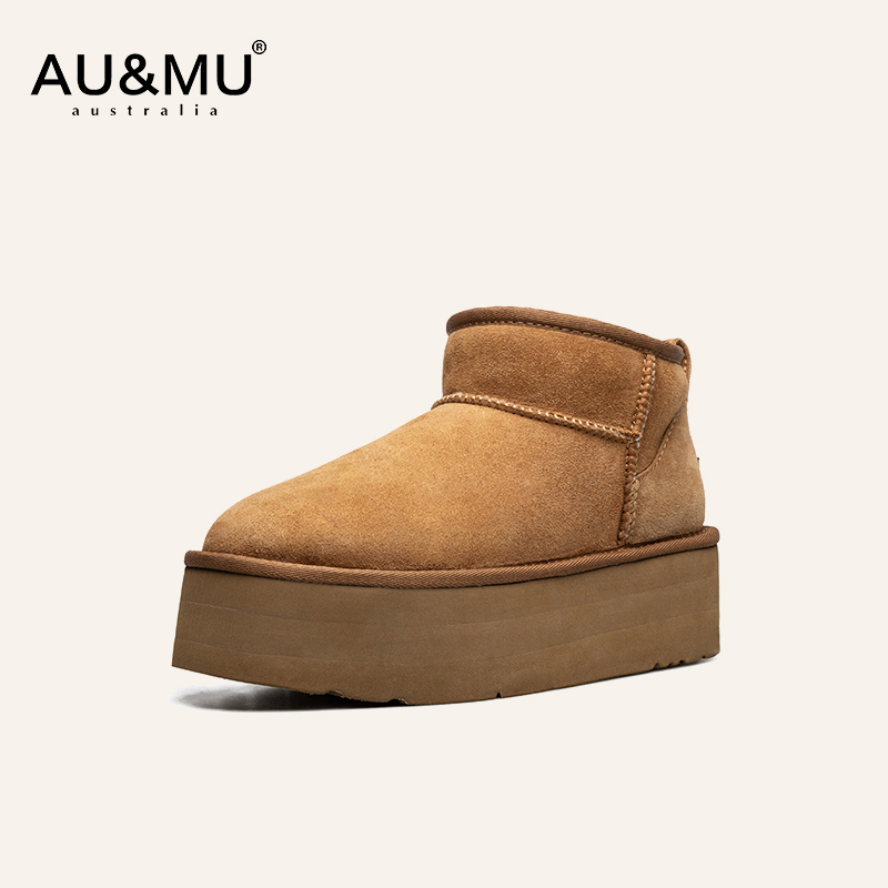 AU&MU雪地靴女皮毛一体秋冬厚底mini棉鞋加绒圆头增高女靴子610
